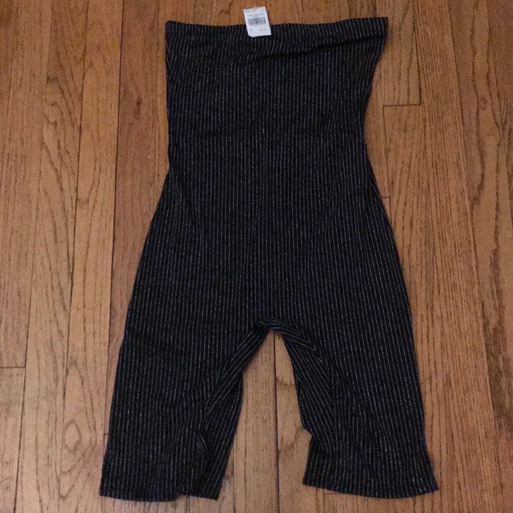 Black with gold pinstripes tube top/shorts unitard